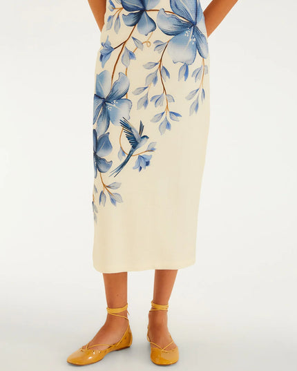 Saia Midi Reta Voo Em Flor Farm