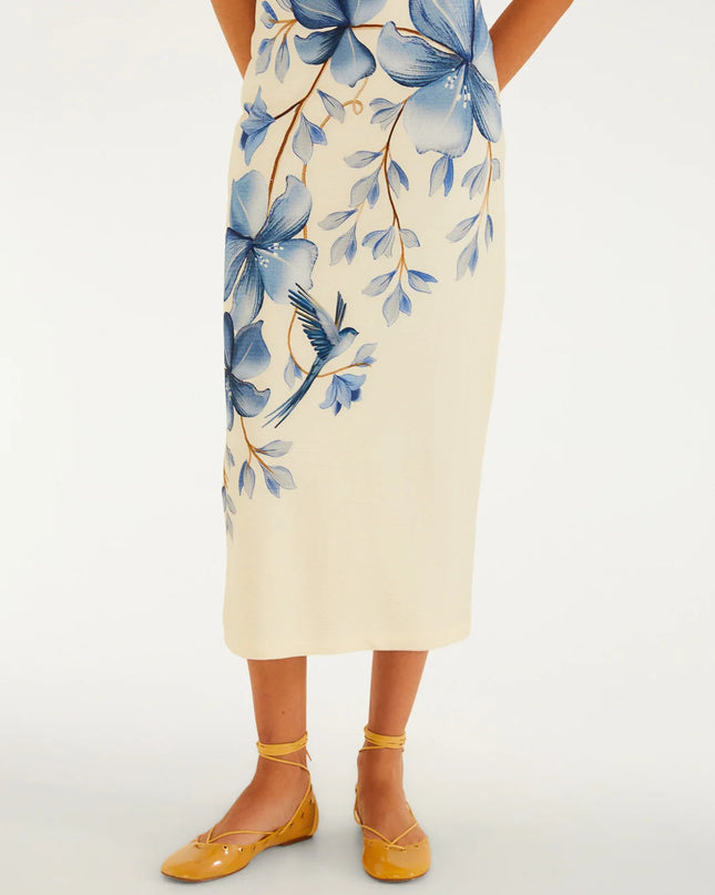 Saia Midi Reta Voo Em Flor Farm