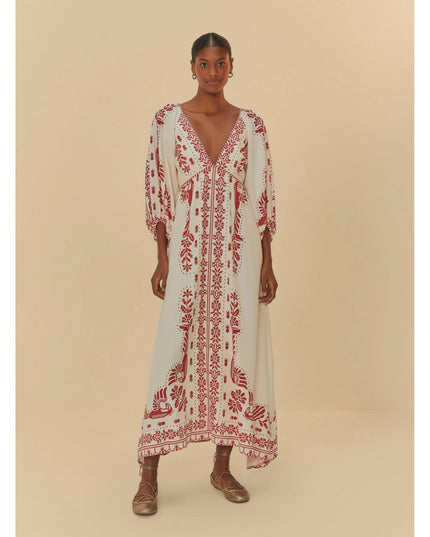 VESTIDO FARM LONGO ESTAMPADO RELICÁRIO TROPICAL