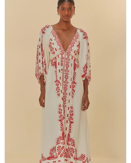 VESTIDO FARM LONGO ESTAMPADO RELICÁRIO TROPICAL