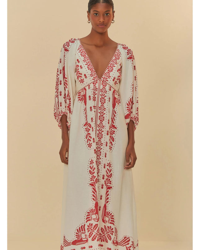 VESTIDO FARM LONGO ESTAMPADO RELICÁRIO TROPICAL