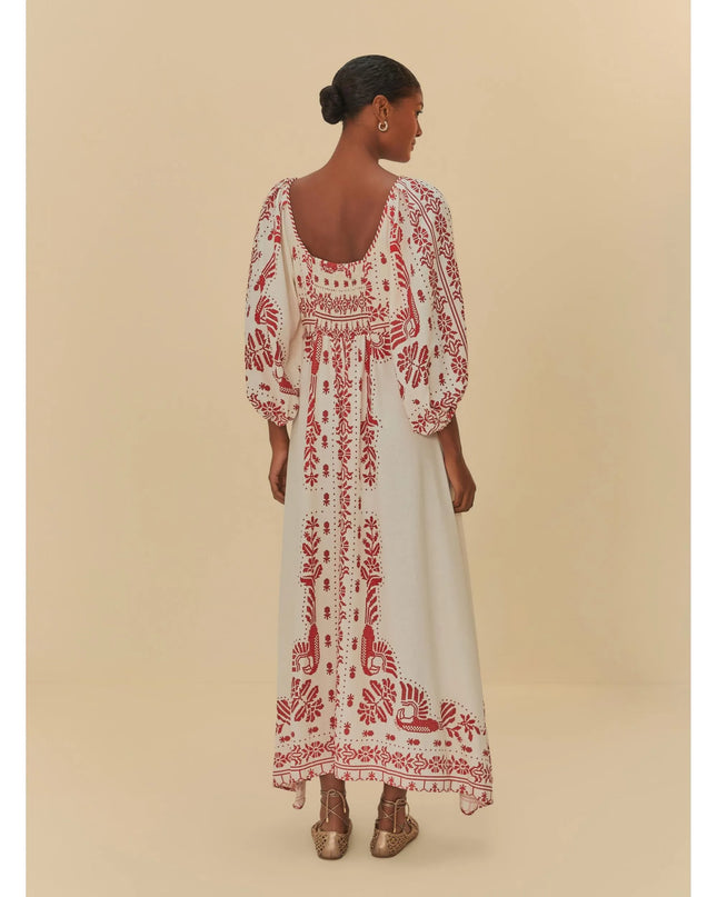 VESTIDO FARM LONGO ESTAMPADO RELICÁRIO TROPICAL