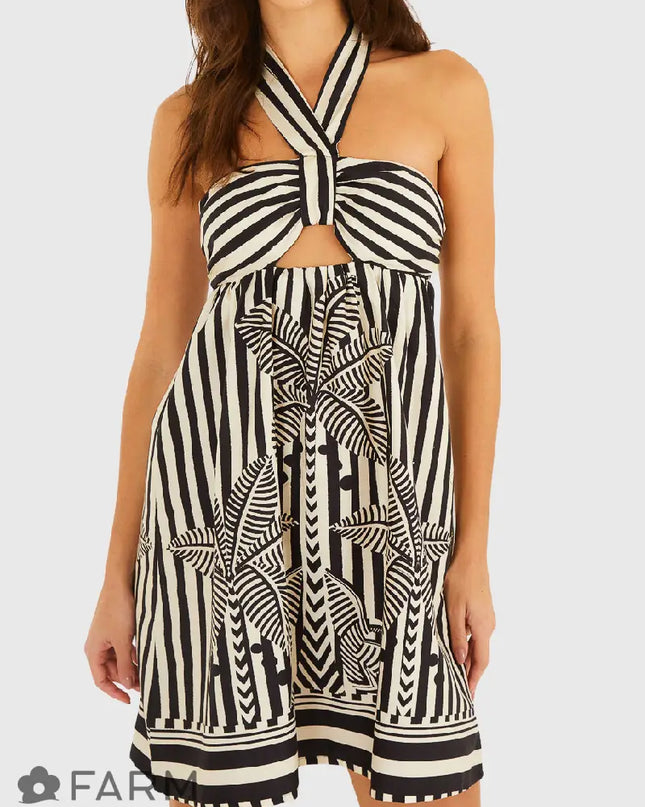 VESTIDO FARM CURTO AMARRAÇÃO LISTRA TROPICAL