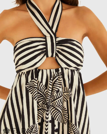 VESTIDO FARM CURTO AMARRAÇÃO LISTRA TROPICAL