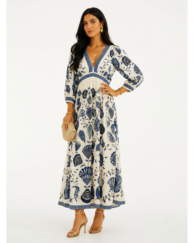 Vestido Farm Longo Manga Estampado Sonho De Concha