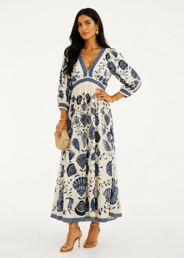 Vestido Farm Longo Manga Estampado Sonho De Concha