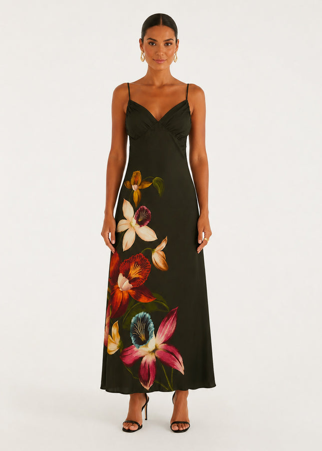 Vestido Farm Longo Alcinha Estampado Maxi Orquídea