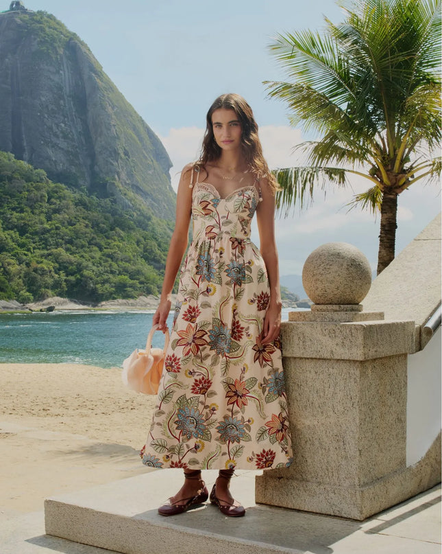 Vestido Longo Alças Estampado Floral Delhi