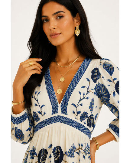 Vestido Farm Longo Manga Estampado Sonho De Concha