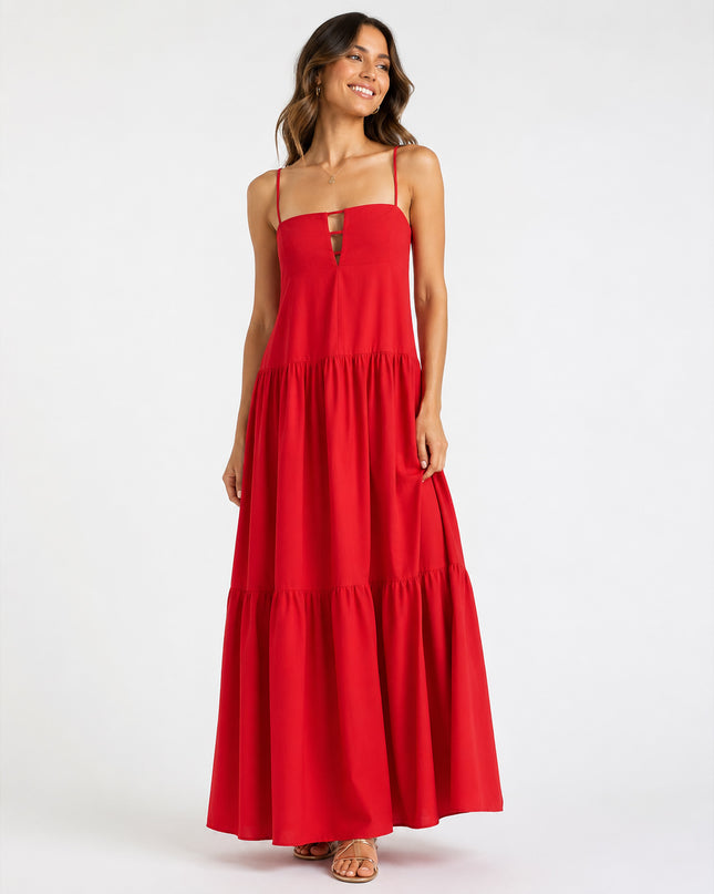 Vestido Farm Longo Marias Recorte Busto Vermelho