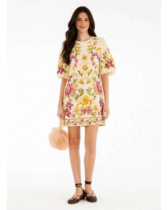 Vestido Farm Manga Bufante Flor de Roma