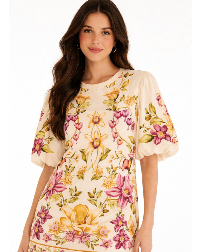 Vestido Farm Manga Bufante Flor de Roma