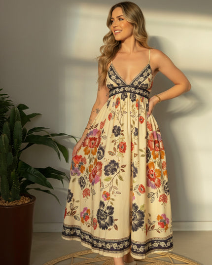 VESTIDO FARM MIDI FLOR DE FITA BEGE