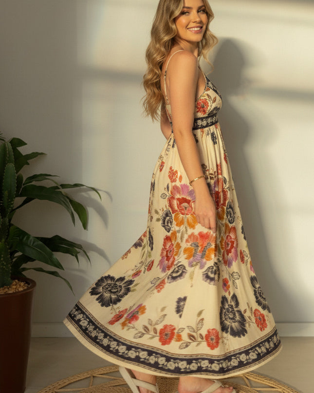 VESTIDO FARM MIDI FLOR DE FITA BEGE