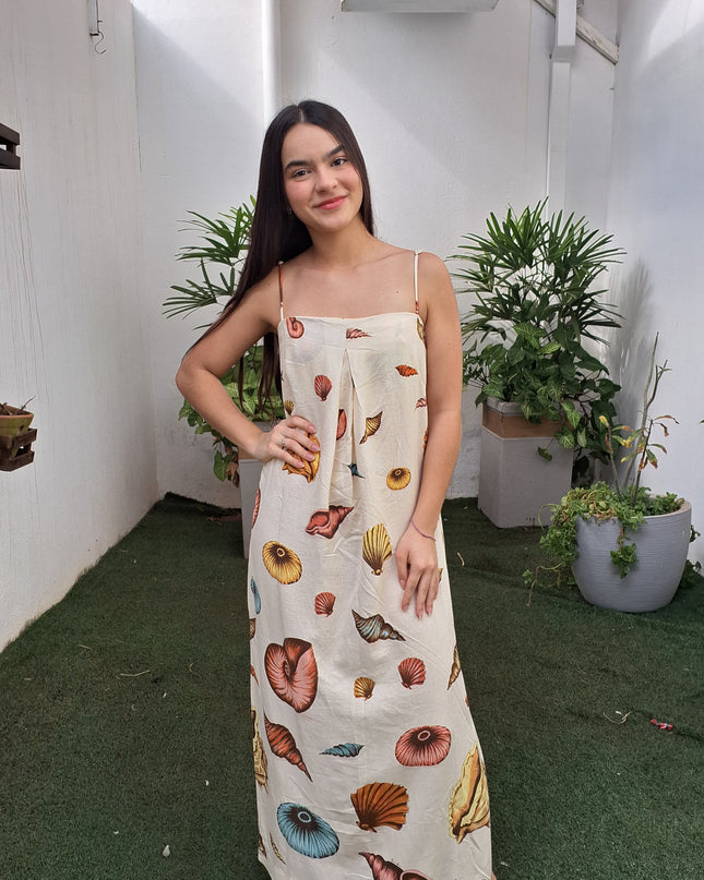 VESTIDO FARM SOUVENIR MAR LONGO BEGE