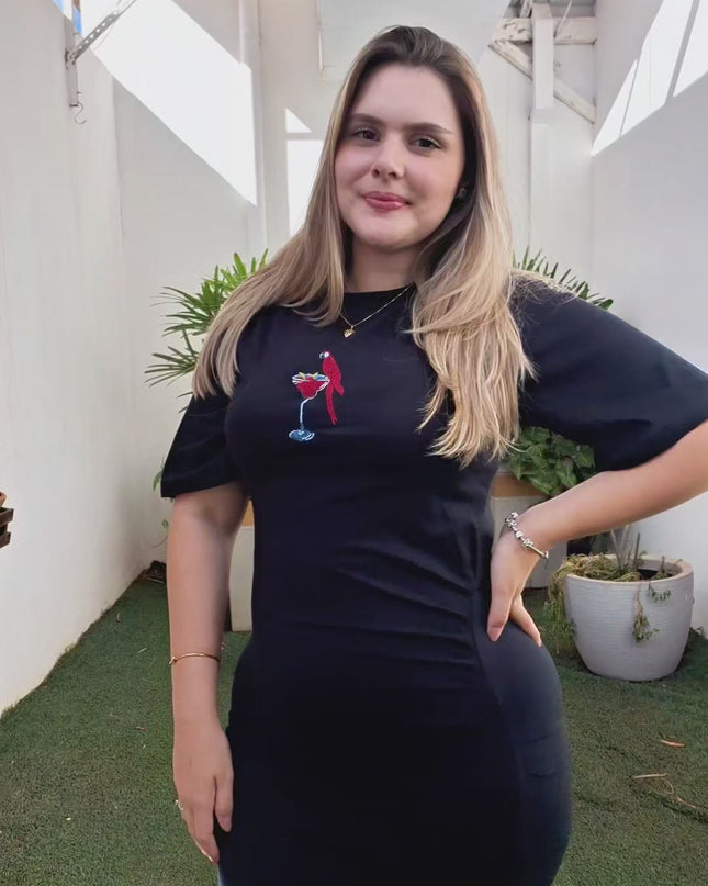 VESTIDO FARM PRETO CROPPED DRINK PINTADO