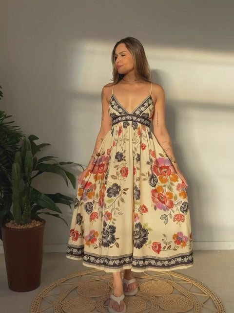 VESTIDO FARM MIDI FLOR DE FITA BEGE