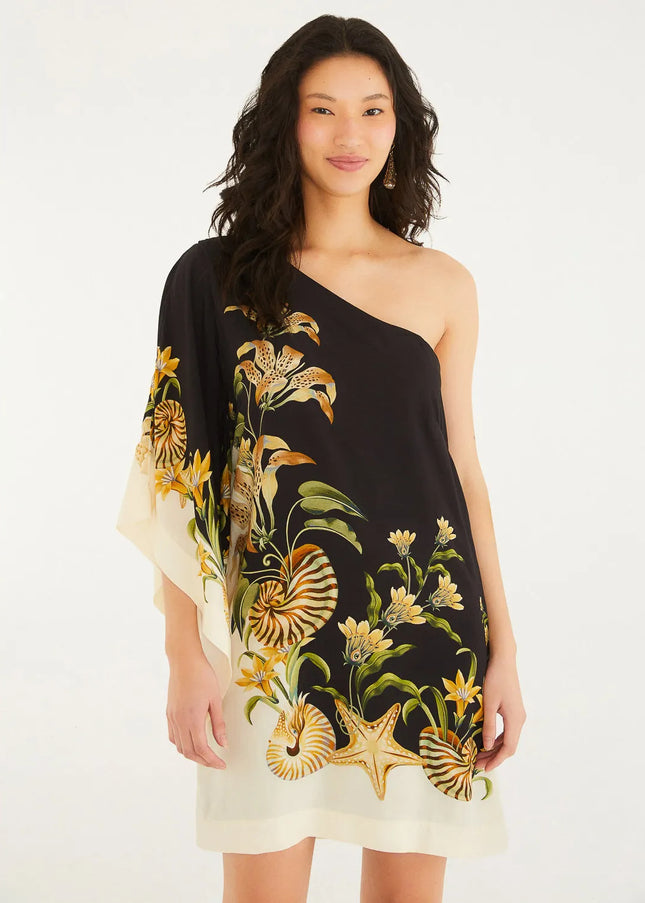 Vestido Farm Assimétrico Tropical com Estampa de Conchas
